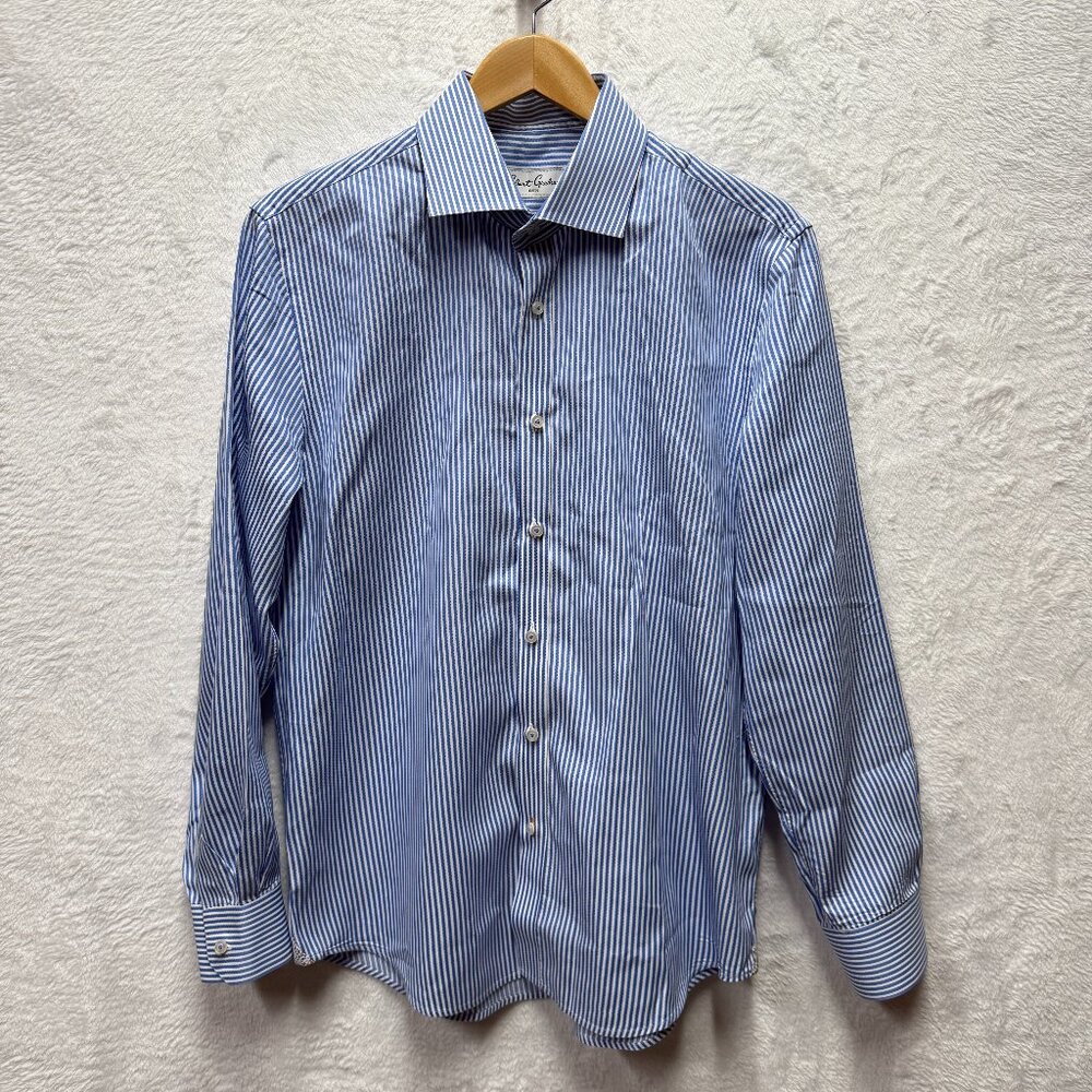 Robert Graham Knowledge Wisdom Truth Dress Shirt Mens 16.5 Blue Stripe Flip Cuff
